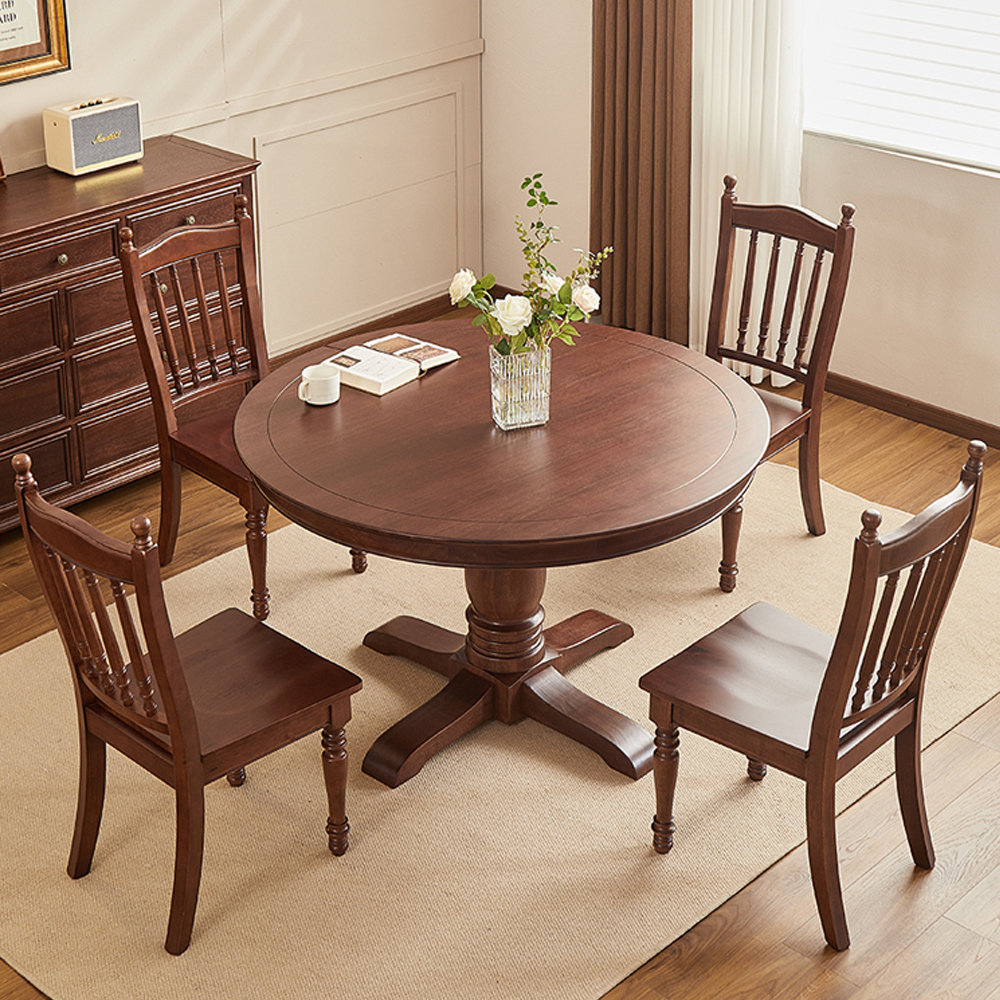 A Zoetic Home Vintage Round Dark Brown Walnut Dining Table Set